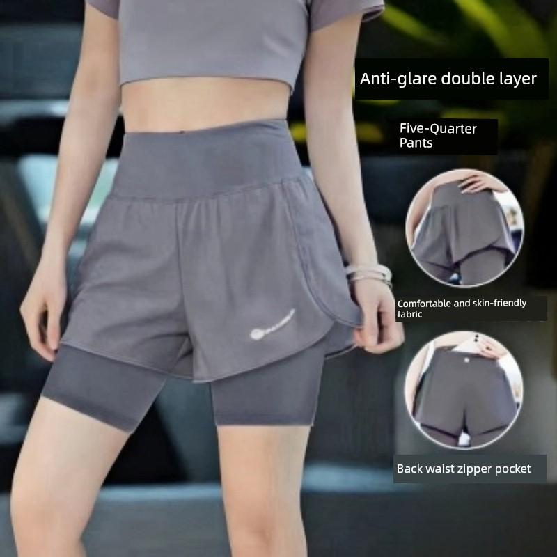 Women's Five-Point Sports Pants, Faux Two-Piece, Anti-Exposure, Quick-Drying, Running Fitness Pants, High Elasticity, Summer Tennis Breathable
