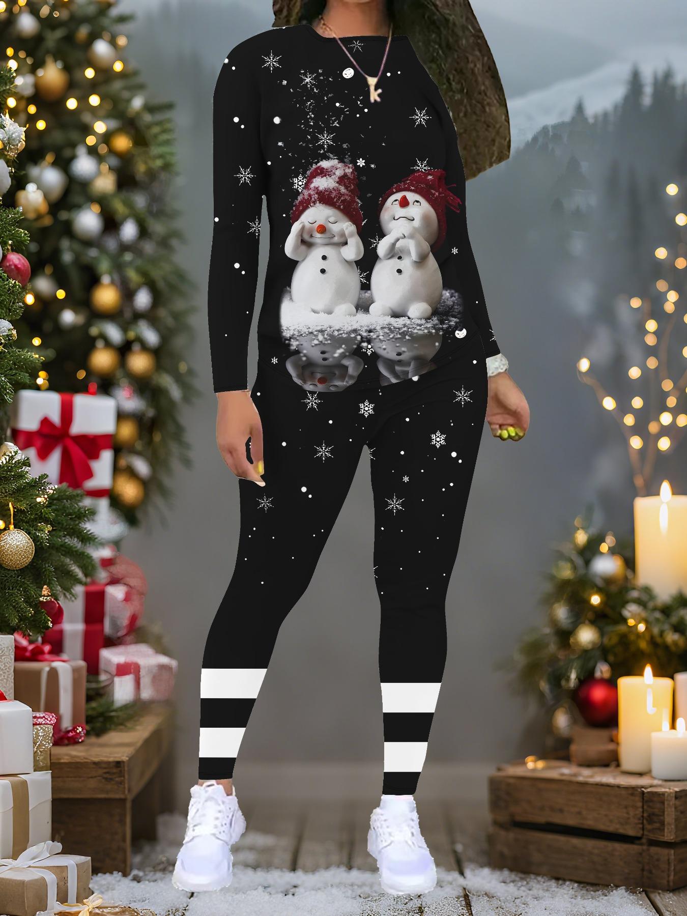 

Женский рождественский костюм-двойка с принтом: Топ с длинным рукавом и круглым вырезом и брюки, праздничный лимитированный повседневный костюм для вечеринки в подарок XXL