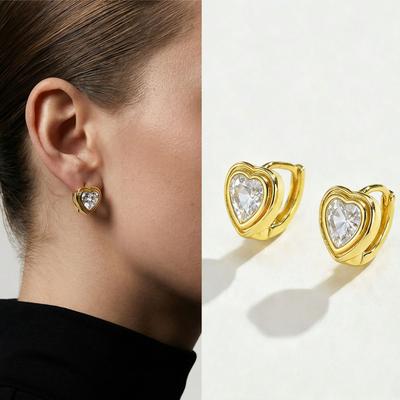 Gold Plated Zircon Heart Earrings Women,Fashion Love Hoop Huggies Earrings,Exquisite CZ Jewelry