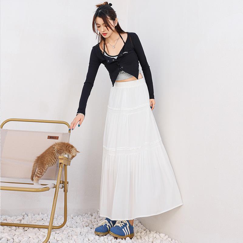 Weißer Sanfter Stil Süßer Rock für Damen im Frühling und Sommer Hoher Bund Schlank und Vielseitig Langer Rock Kleiner Kuchenrock