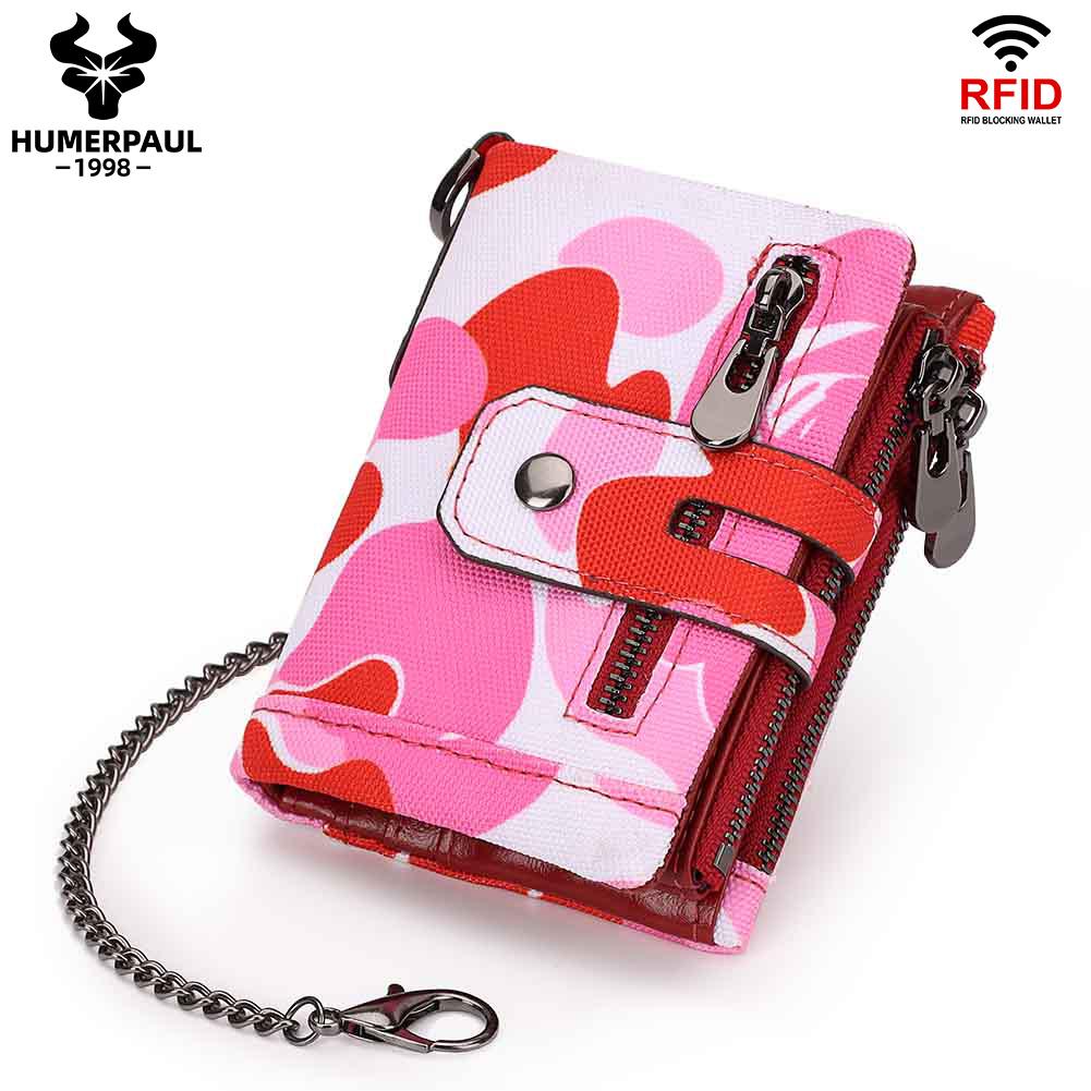 HUMERPAUL Men cowhide wallet Oxford cloth RFID anti-theft credit card bag coin purse with chain wallet with photo window