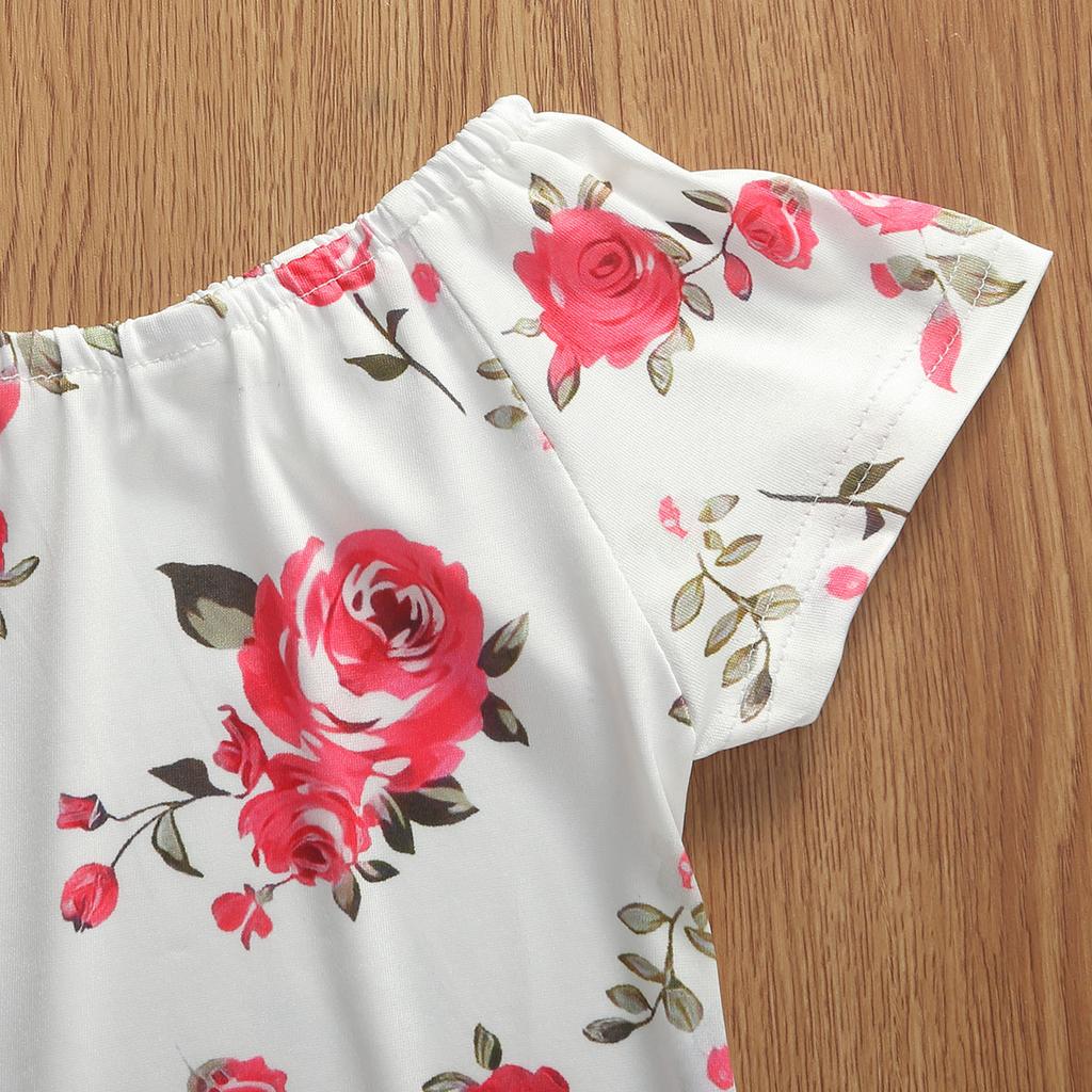 Kids Girls Two-Piece Outfits, Short Sleeve Flower Pattern Tops + Ripped Short Trousers