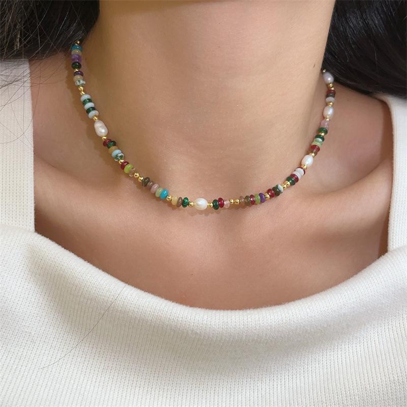 Natural Stone Necklace for Women. Colorful Glass Bead Sweater Style. Light Luxury, Niche, Versatile and High-end Collar Chain.