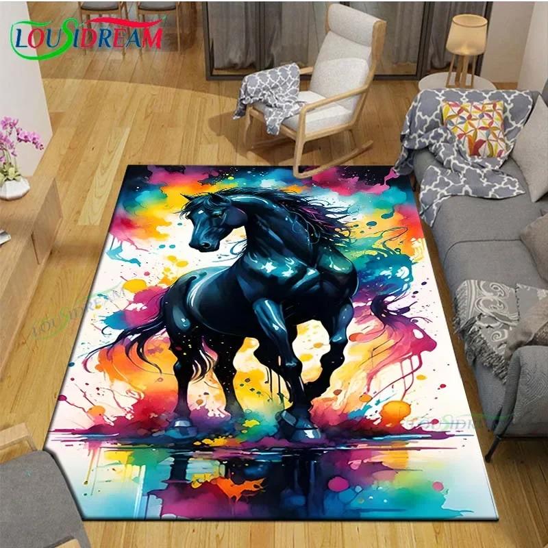 3D Realistic Horse Print Area Rug – Non-Slip Large Carpet for Living Room or Kids Bedroom – Artistic Home Decor Floor Mat