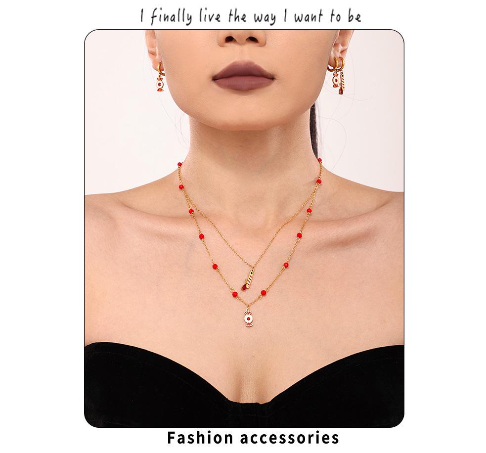 Qiong Yao Double Layer Garnet Jewelry Set: Necklace, Bracelet, Asymmetrical Earrings