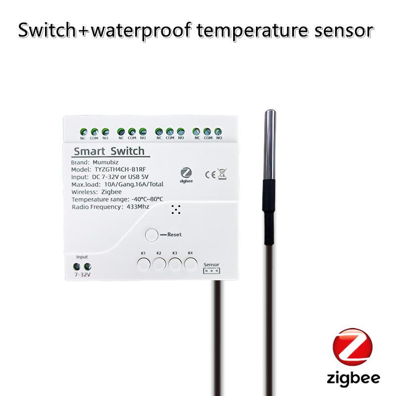 Tuya Smart TH10 Zigbee 4 Channel Switch with Temperature and Humidity Sensor Passive Dry Contact Zigbee Relay Work with Alexa Input 85-250V
