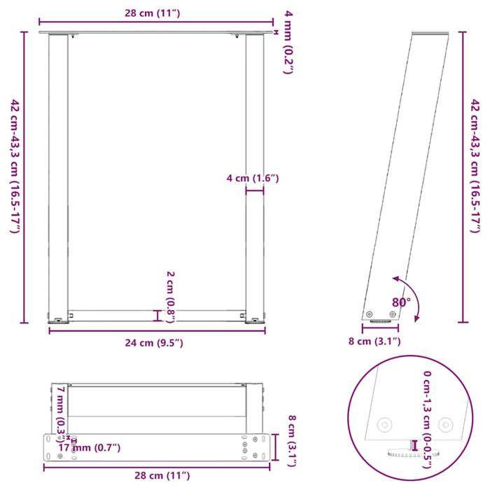 VidaXL Pieds de table basse en U 2 pièces Acier naturel 28 x (42-43) cm Acier 4012759