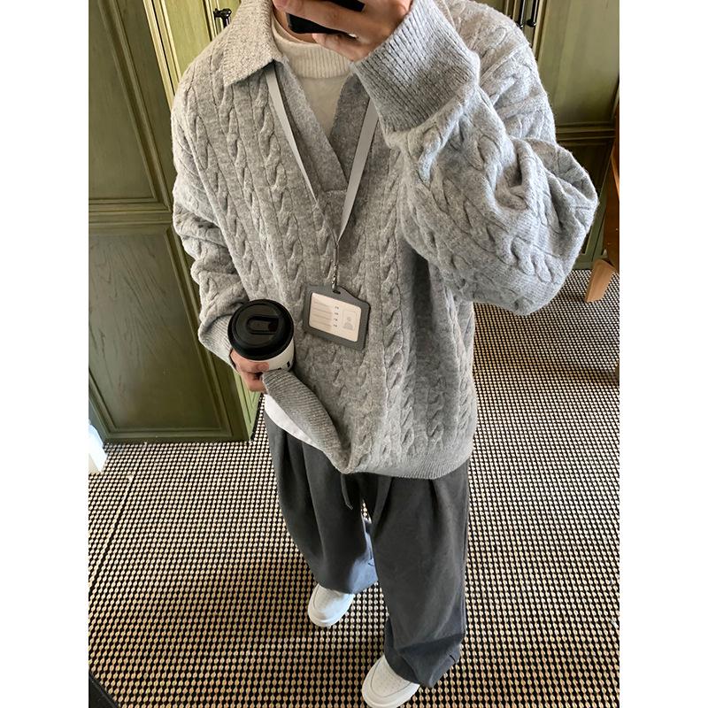 Men's Gray Two-Piece Pilling-Resistant V-Neck Sweater – Korean Style Winter Knitwear