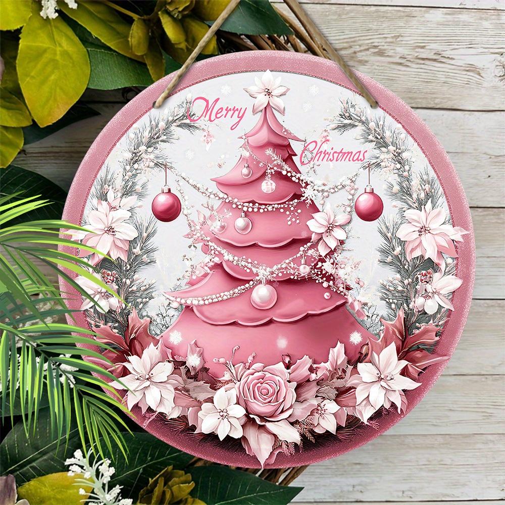 Wooden Pink Christmas Sign, Merry Christmas Round Ornament for Front Door Wall Hanging Decor, Ideal Christmas Gift