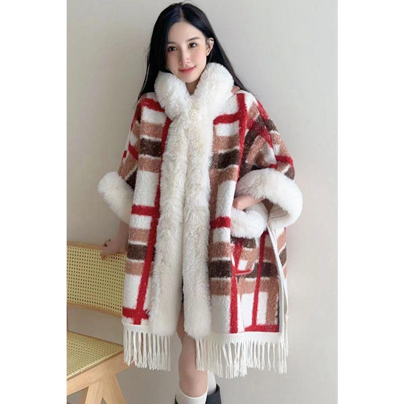 Mit Fleece gefütterter verdickter Schal Großer Pelzkragen Umhang Umhang Oberbekleidung Damen Herbst und Winter Neuankunft stilvolle Kapuzenoberbekleidung