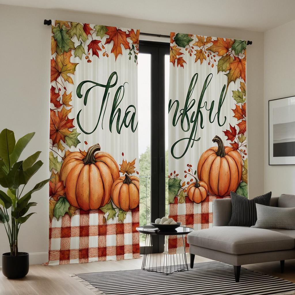 2pcs HD Autumn Thanksgiving Pumpkin Harvest Maple Leaf Decorative Curtain Red Tie Digital Printed Curtain Home Decoration Sty
