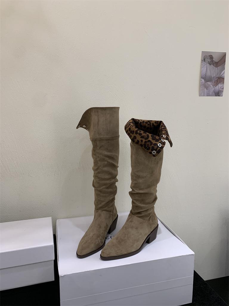 Pleated stacked boots women's 2025 autumn and winter new high knight boots pointed thick heel two wear long boots women's boots