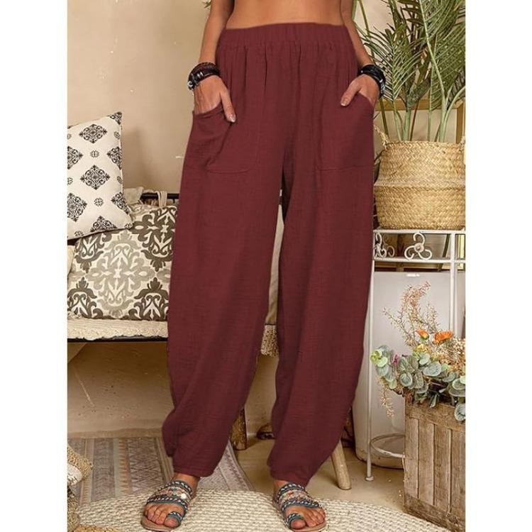 Summer Casual Women's Cotton Linen Elastic Waist Wide Leg Retro Harem Pants Large Size Home Pants