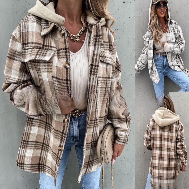 Women's Oversized Plaid Shirt with Hood, Casual Loose Fit Checkered Long Sleeve Top