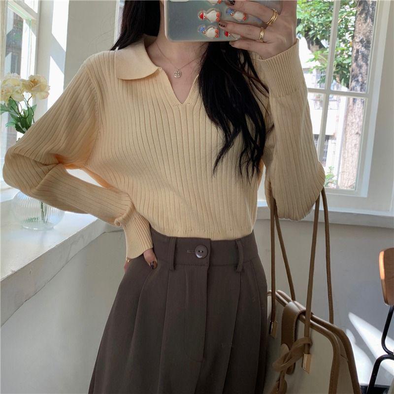 Women's Polo Collar Knitted Base Shirt, Autumn/Winter 2025, New Design Niche Loose Long Sleeve Sweater Top