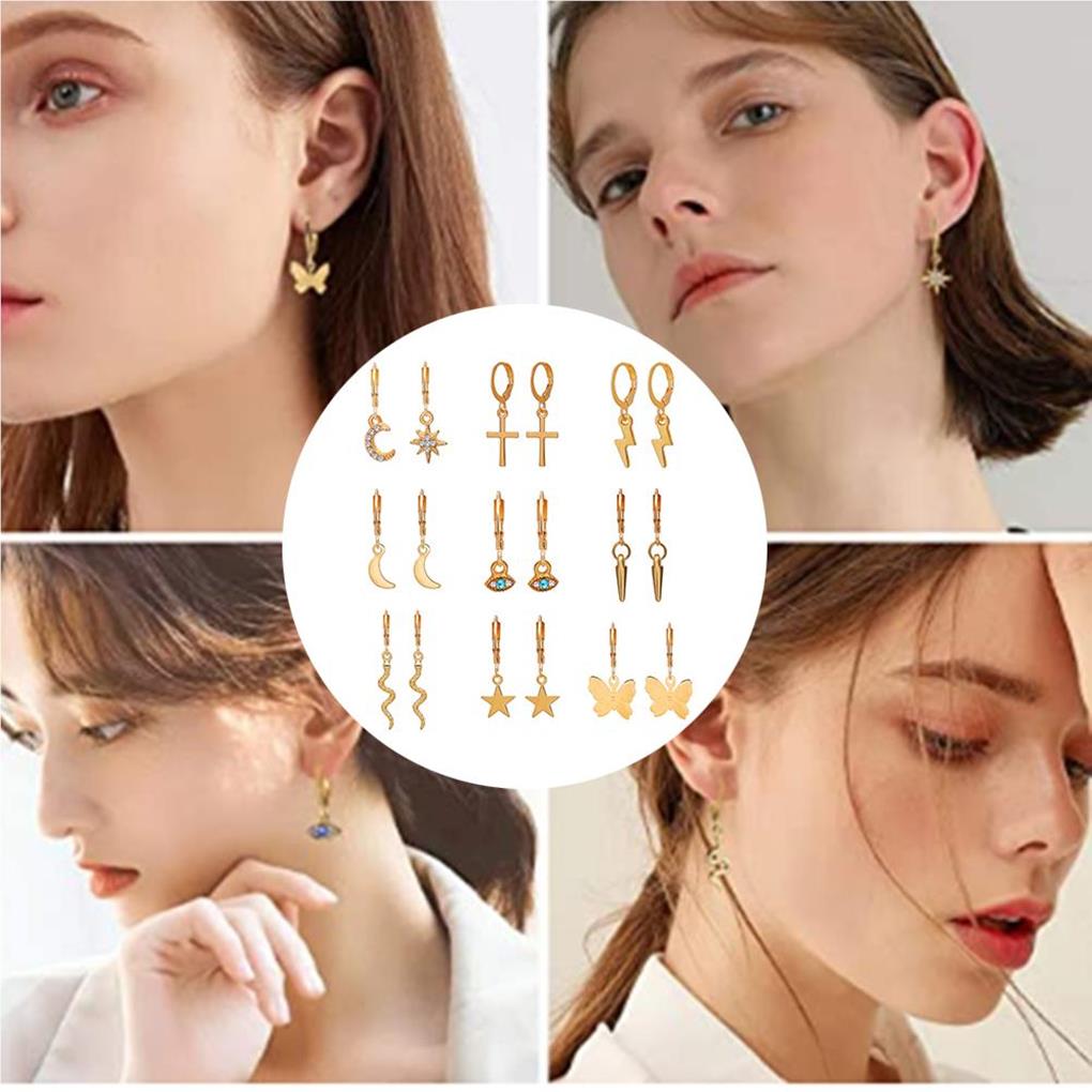 9 Pairs Lovely Wear-resistant Hoop Earrings with Ear Clip Eardrop Pendants Ear Moon Set Portable Pendants for Women Girls