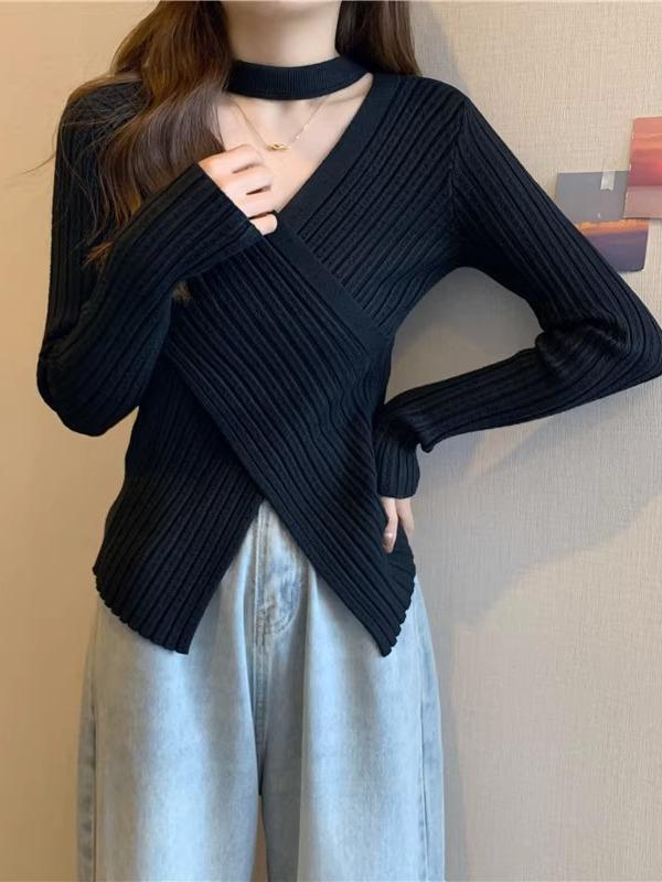 White Cross V-Neck Knit Sweater for Women - Slim Fit, Irregular Halter, Trendy Korean Style