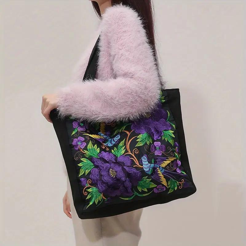Ethnic Style Flower Embroidery Canvas Tote Bag Large Capacity Shoulder Handbag for Women