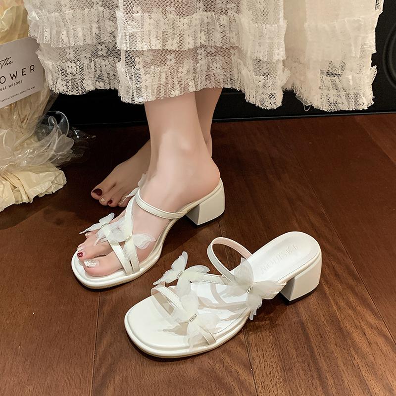 Fashion Butterfly Square Toe Women Slippers Summer Open Toe Shoes Woman Heeled Sandals 2025 Trend New Dress Pumps Shallow Chunky Slides