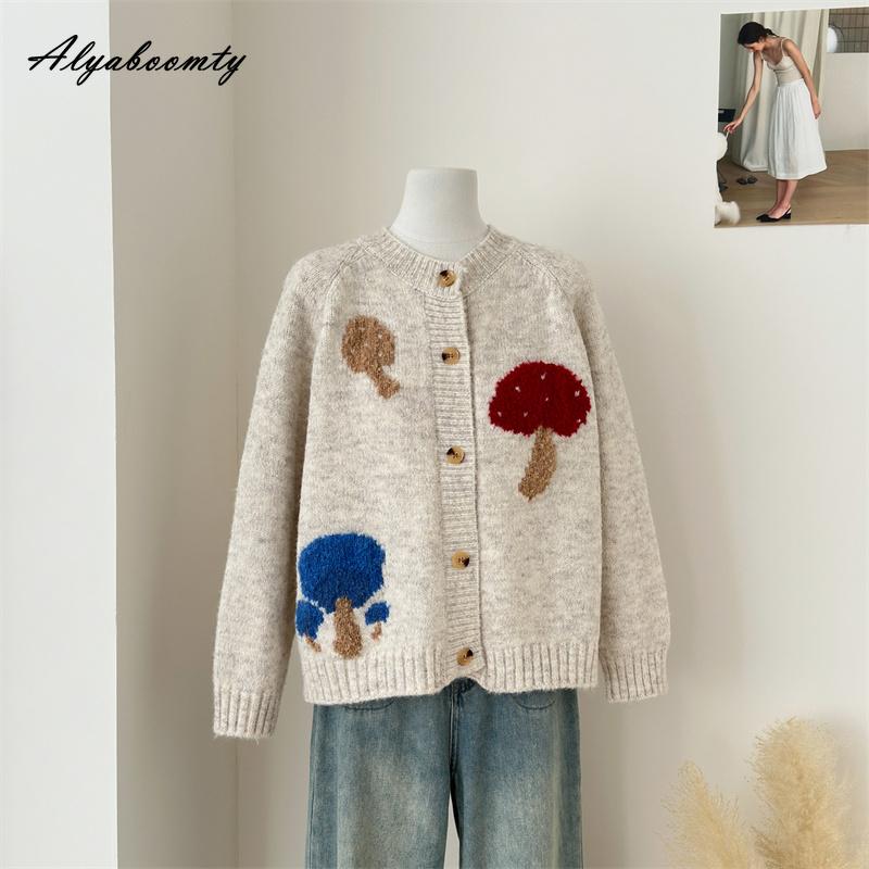 Autumn Winter Women Basic Sweater Cardigan Grey Beige Mushroom Cute Knitted Coat Knitting Elegant Warm Ladies' Outerwear