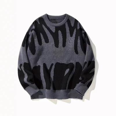 Men's Autumn/Winter Trendy Personalized Round Neck Jacquard Sweater Black and White Jacquard Large Size Knitted Sweater Sweater