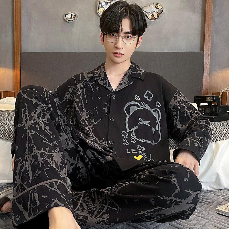 Herren Pyjama Anzug Frühling Herbst Langarm Schlafanzug Set Männlich Ethnischer Stil Loungewear