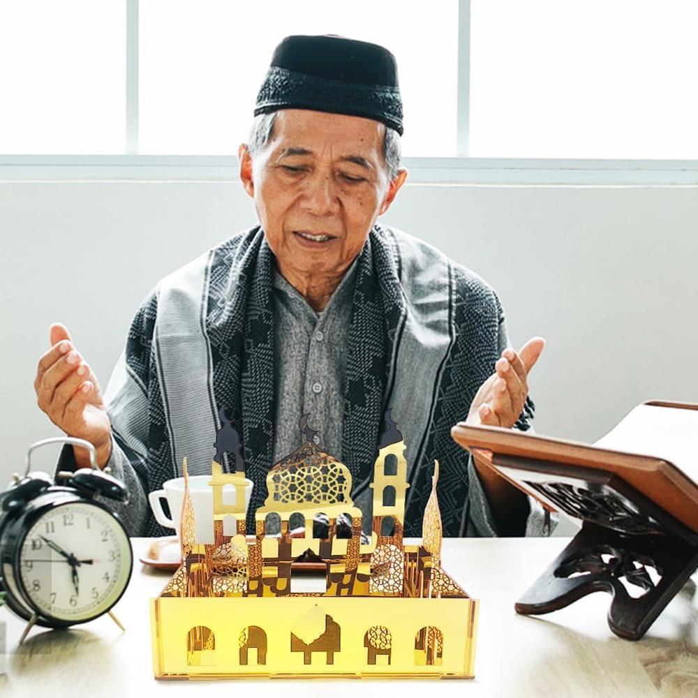 Ramadan Tray Eid Mubarak Serving Tray Hollow Palace Acrylic Mirror Tray Fruit Plate Tableware Dessert Platters DIY Display Holder Ramadan Decor