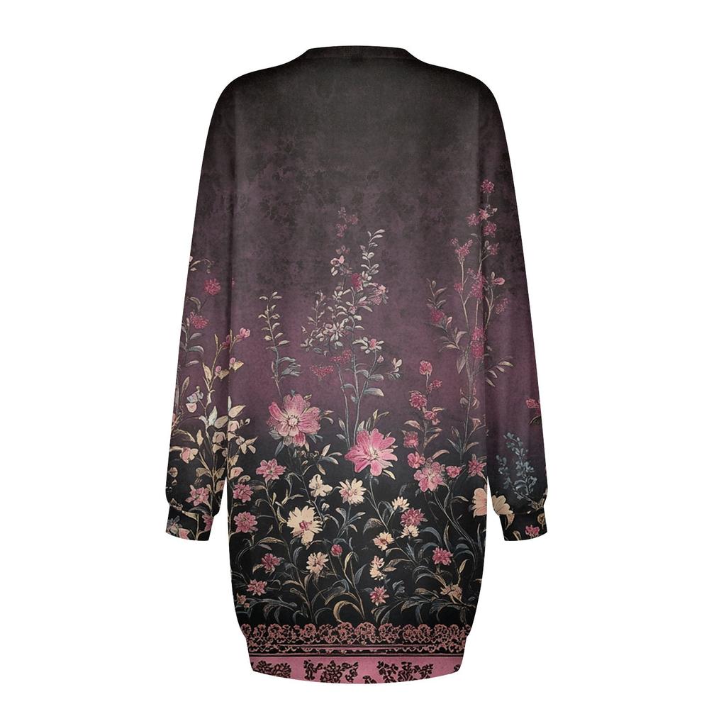 Women's Round Neck Vintage Floral Print Long Sleeve Wrap Dress Sweatshirt Dresses