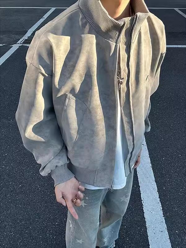 Men's Tie-Dye Leather Bomber Jacket with Stand-Up Collar - Trendy Autumn Heavyweight Outerwear