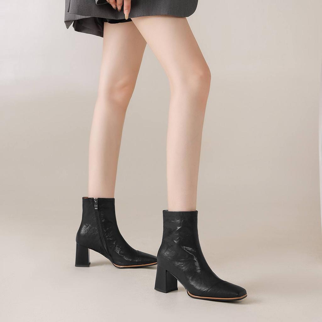 Krazing Pot Sheepskin Autumn Winter Shoes Thick High Heels Big Size 43 Modern Boots Square Toe Keep Warm Zip Pleated Design Ankle Boots