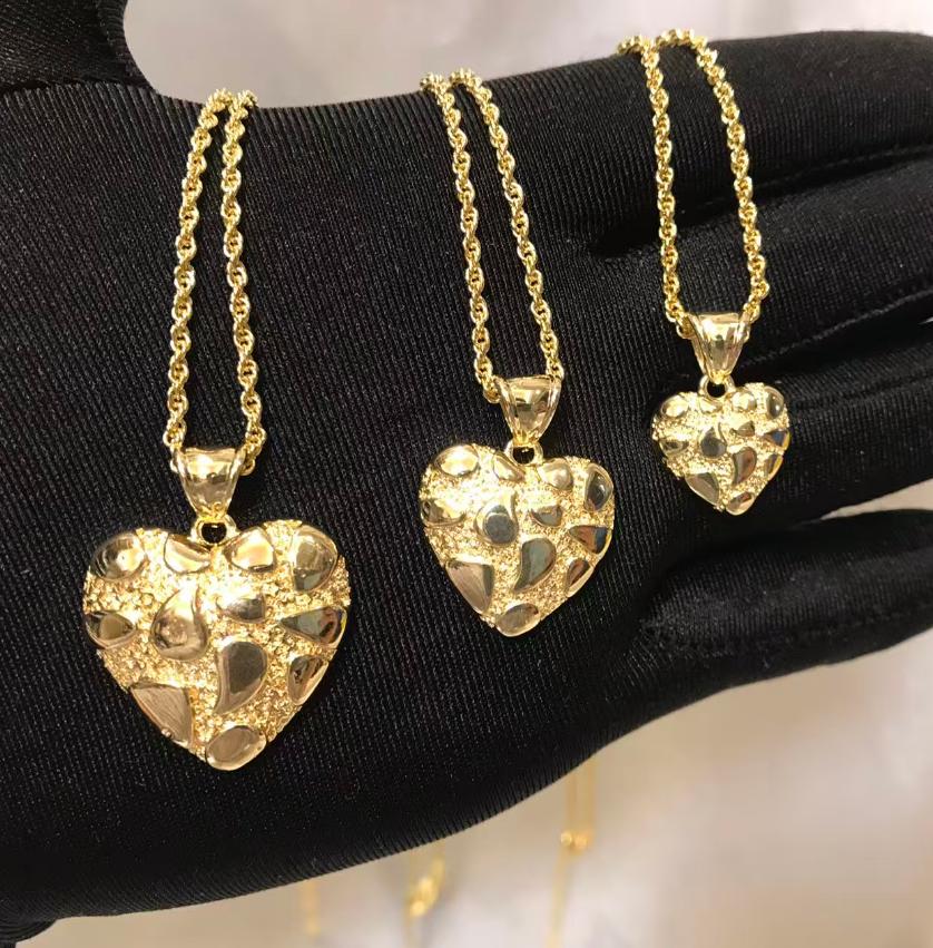 Hip Hop Unique Design Gold Nugget Diamond Cut Heart Shaped Charm Pendant Necklace for Women/Men Jewelry