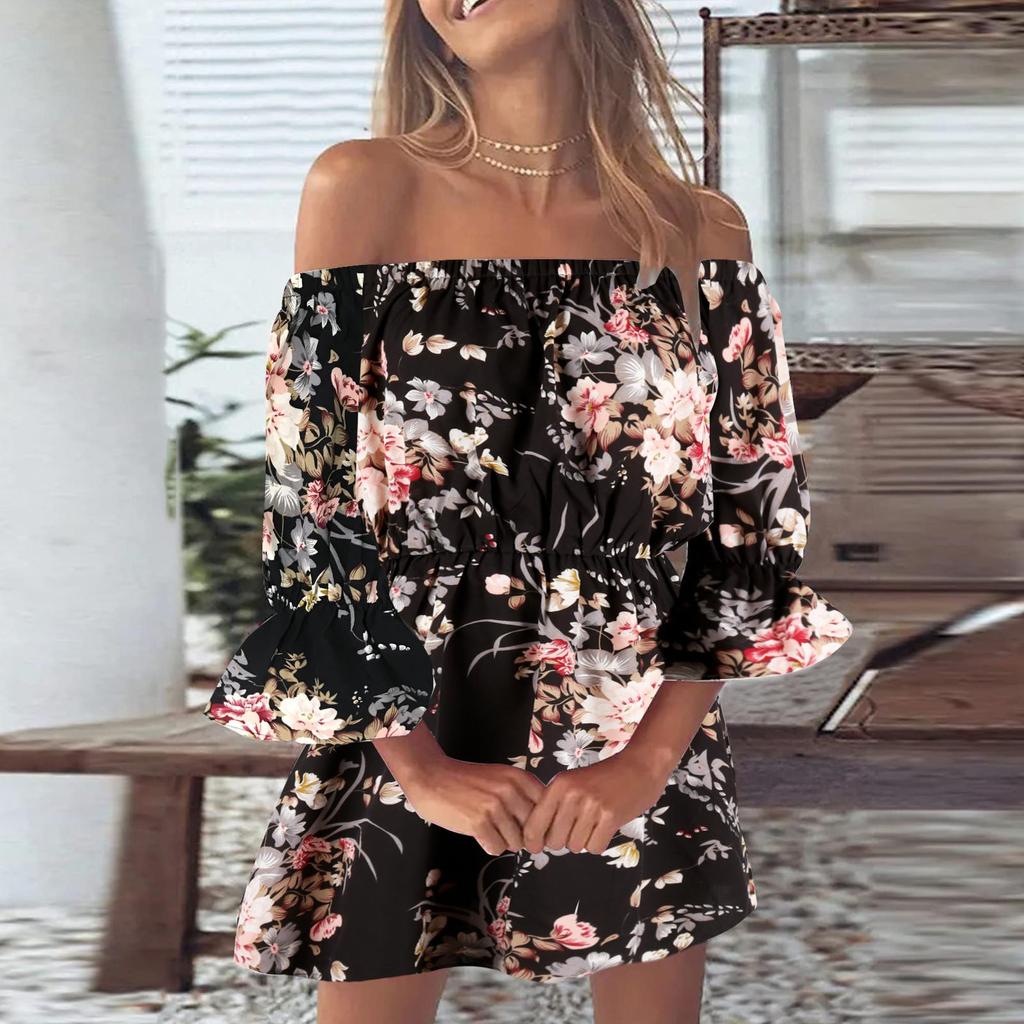 Ladies Casual Sexy One Shoulder Mid Waist Printed Ruffle Sleeve  A-Line Dress