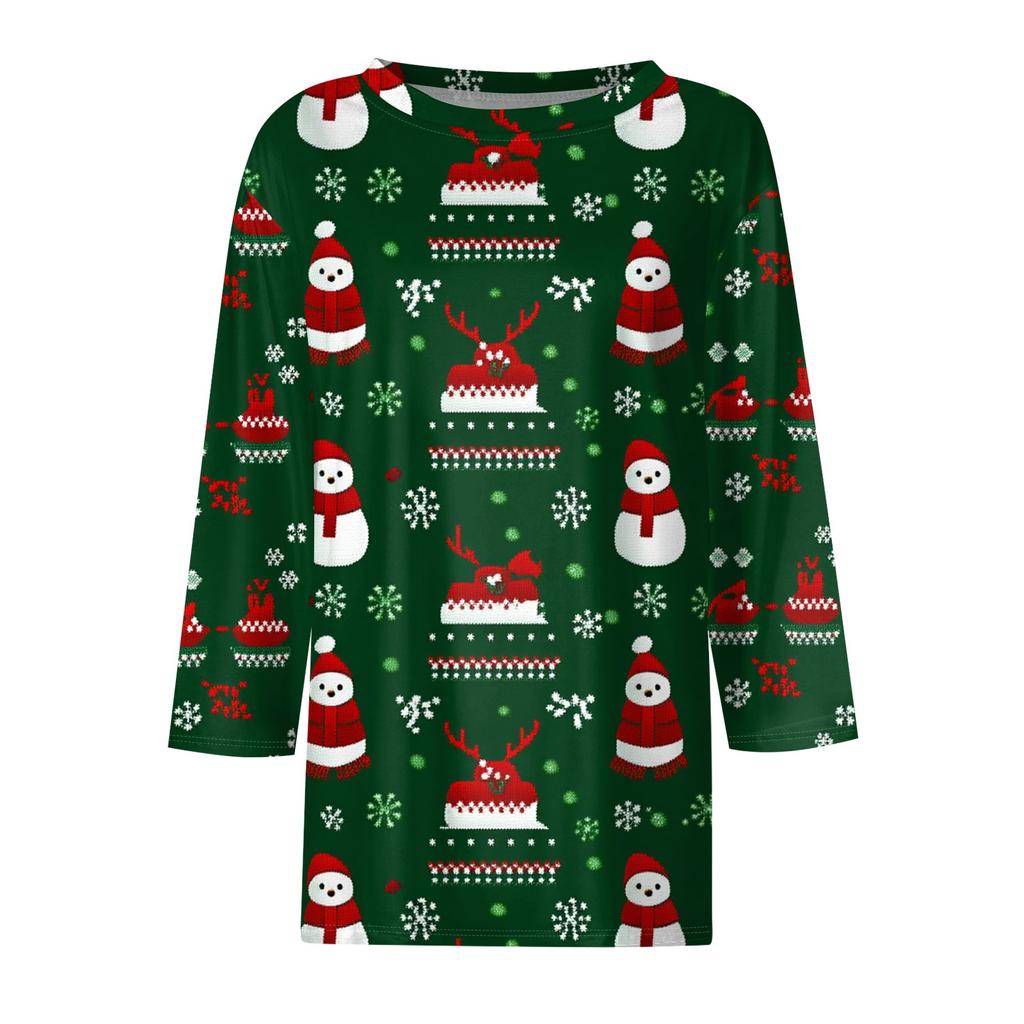 Women's Tops Seven Sleeve Shirt Round Neck Loose Christmas Snowman Christmas Tree Printed T-Shirt