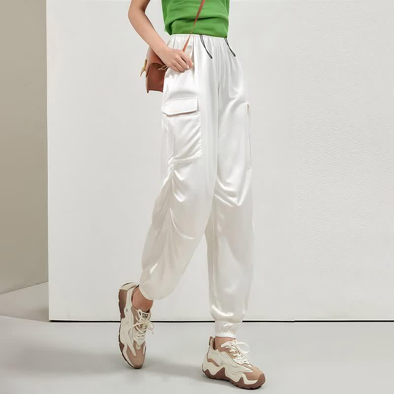 Glossy Silk-Blend Drawstring High-Waist Cargo Joggers L