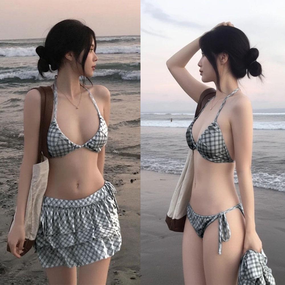 Xiaoshu New Split Swimsuit Women's Three-piece Fashion Hottie Sweet Plaid Thin Seaside Vacation Swimsuit Women
