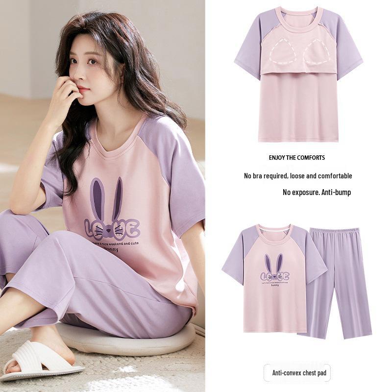 2025 Women's Summer Capri Pajama Set: Short-Sleeve, Thin Cotton with Breast Pads, Versatile for Home or Outside Wear