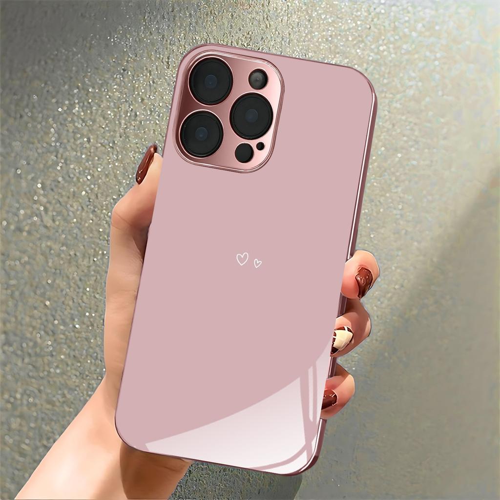 Love Heart Pattern Pink Metallic Tempered Glass Phone Case For iPhone 11 12 13 14 15 16 17 Pro Max 15 Plus 17 Air 16E Cover