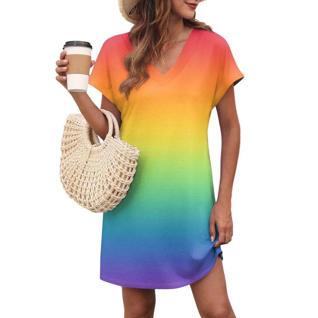Women's Casual Fashion Sexy V-Neck Cap Sleeves Pocket Gradient Dress