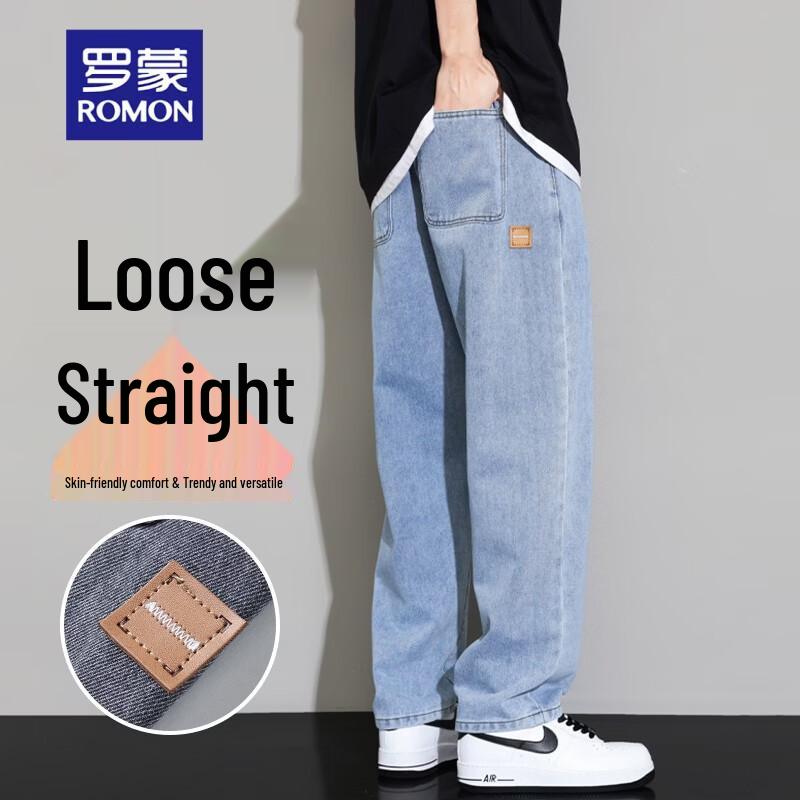 ROMON Men s American Style Embroidered Washed Loose Straight Jeans M