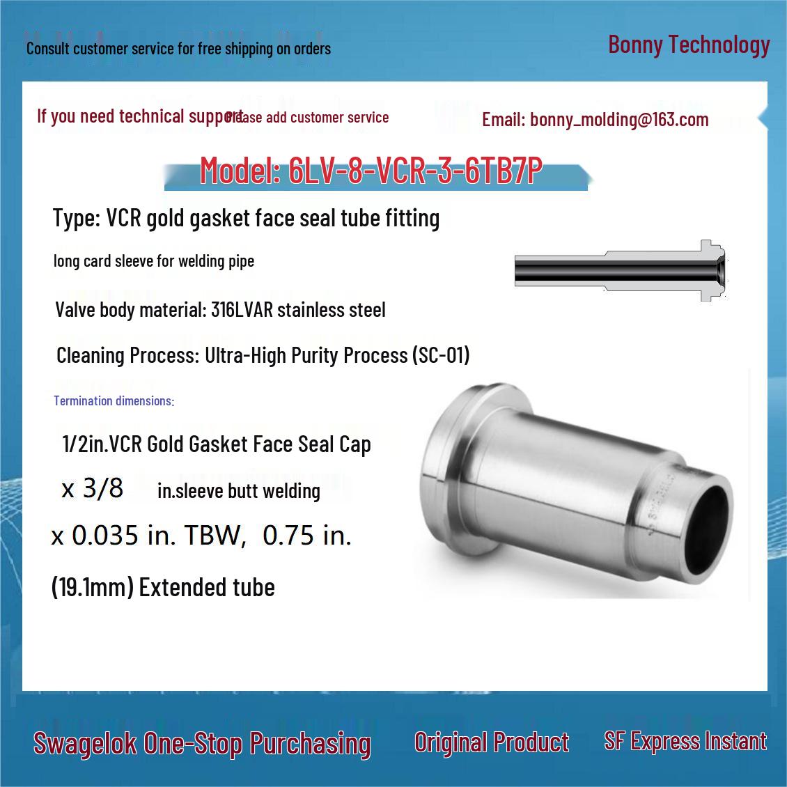 

6LV-8-VCR-3 VCR Fitting, 316L VAR Stainless Steel, Long TBW Tube End