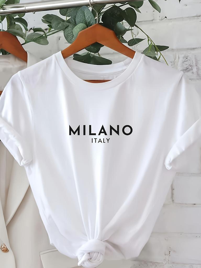 Milano Letter Print T-shirt Casual Crew Neck Short Sleeve Top For Spring & Summer Women's Clothing Casual Short Sleeve T-Shirt