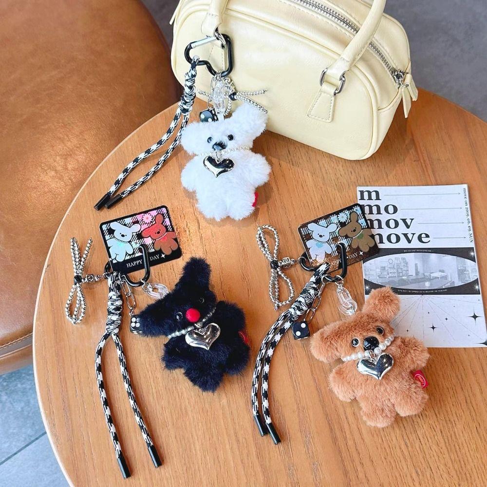 Pearl Heart Necklace Plush Dog Doll Keychains PP Cotton Dog Plush Doll Pendant  Hanging Ornaments