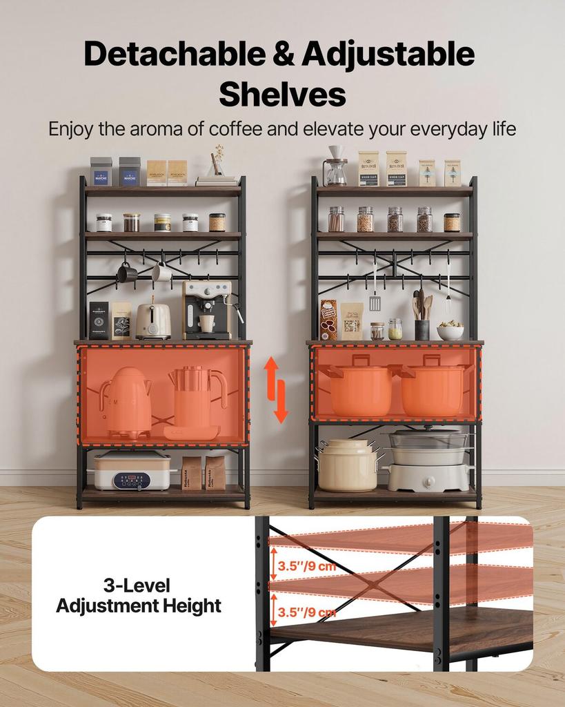 Kitchen Bakers Rack, 800 Mm Width Bakers Rack, Kitchen Stand with X-Shaped Support Bar, 12 S-Shaped Hooks, Double-Layer Top Shelf, Coffee Bar Stand