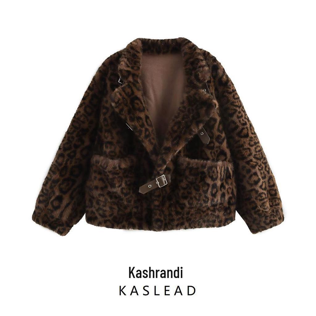 2024 Autumn Women's European & American Style Leopard Print Faux Leather & Fur Jacket