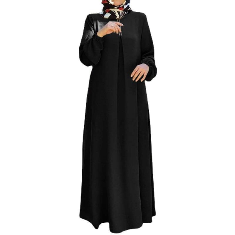 Charming Plus Size Muslim Autumn Skirt Dress: Loose, Long-Sleeved Round Neck
