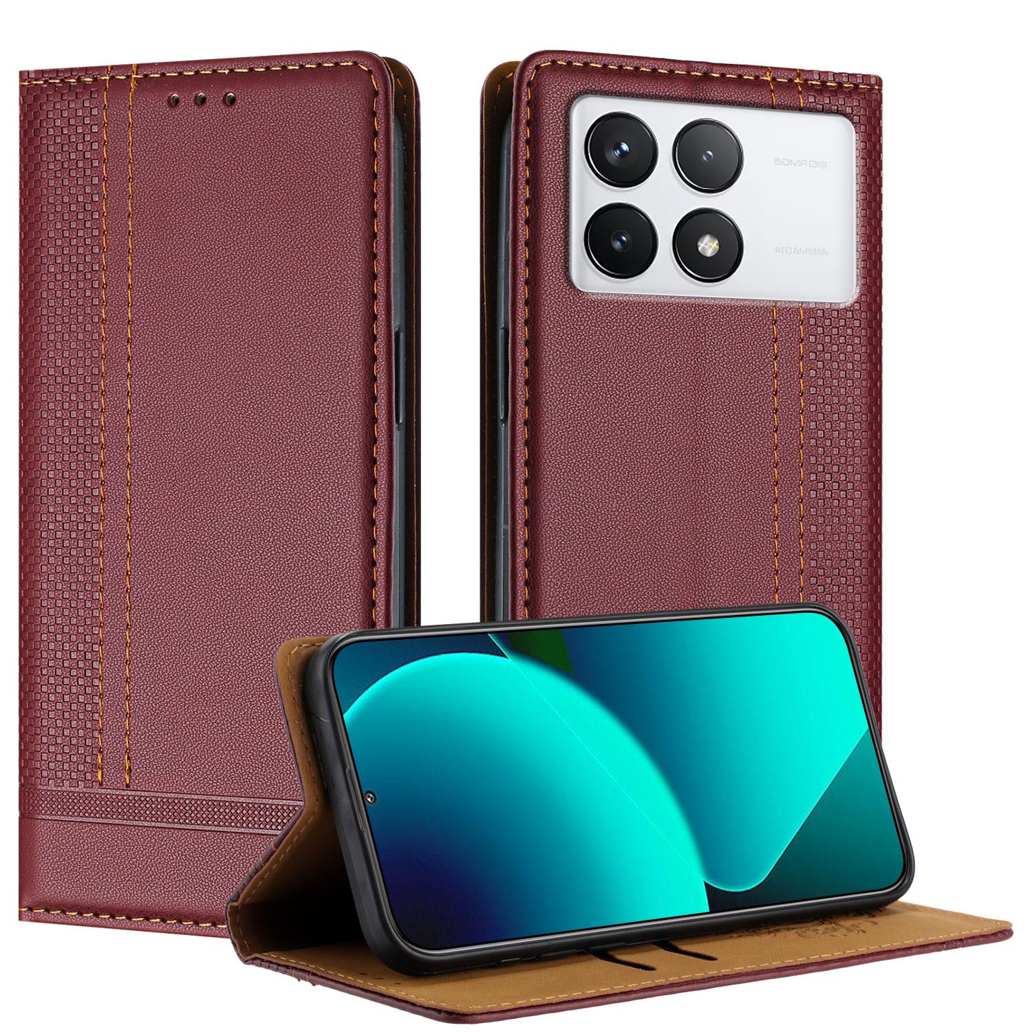 

For Xiaomi 14T Case L-Shaped Grid Pattern Leather Stand Phone Cover with Card Slots Wine Red