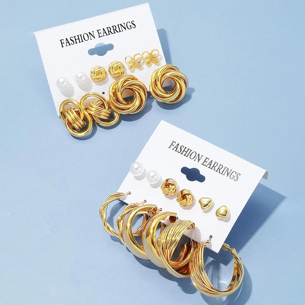 12 Piece Set Women Fashion Personality Versatile Simple Retro Gold Butterfly Love Heart Earrings Inlaid Zircon Earrings