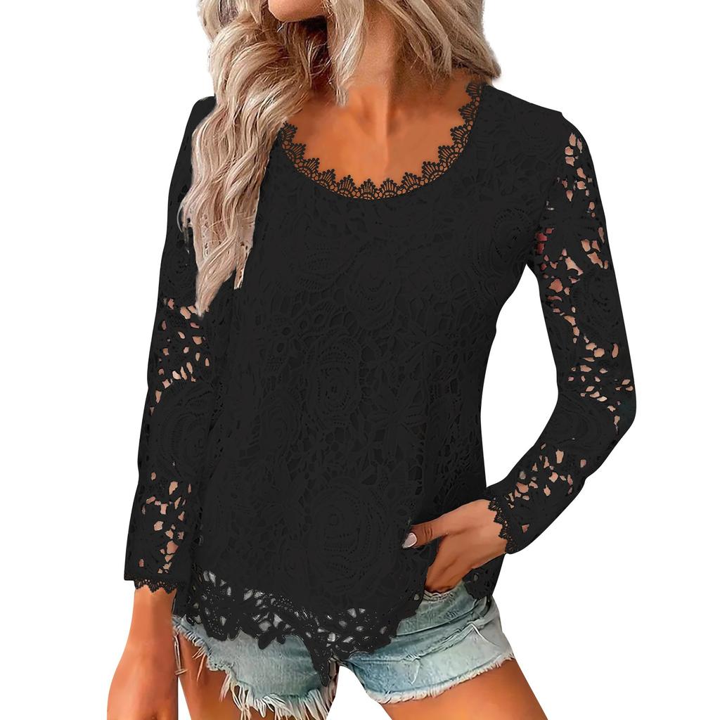 Γυναικείο μονόχρωμο τοπ δαντέλα με τετράγωνο λαιμό και μακρυμάνικο δαντέλα