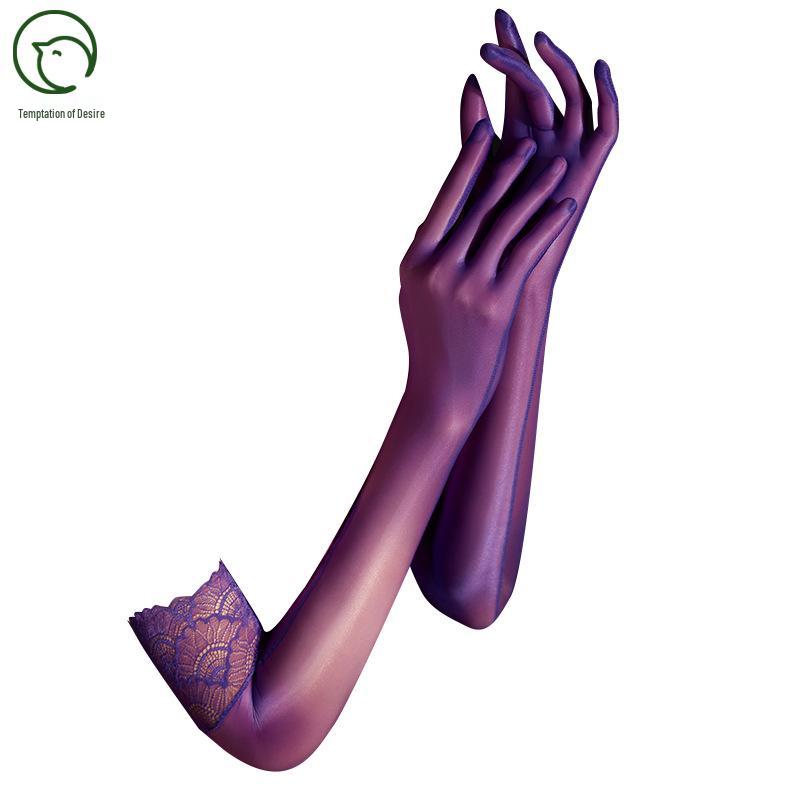 Desire Temptation: Men's Lace Trim Ultra-Thin Multicolor Shiny Stockings & Sexy Gloves