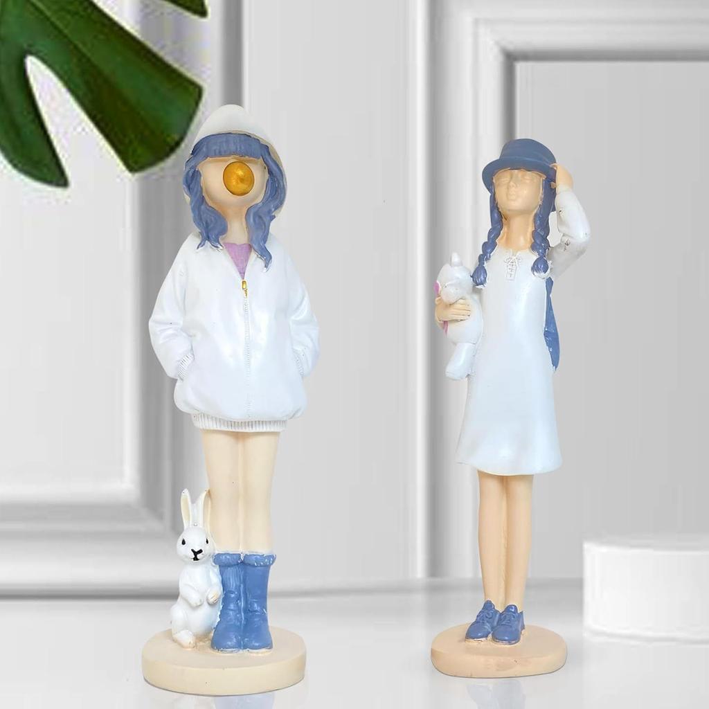 Cute Girls Statue for Home Decor | Table Decor (Pack of 2, White & Blue)